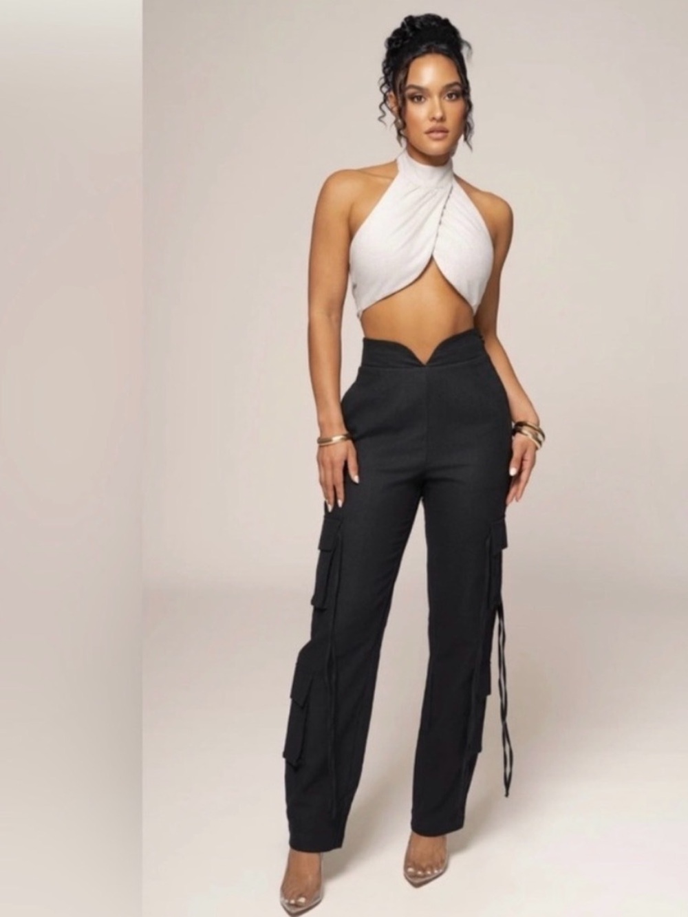 JLUXLABEL Black Straight Leg Cargo Pants with V-Waist